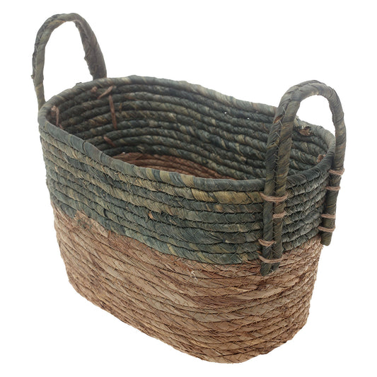 Handwoven Rectangular Green & Brown Basket with Dual Handles – Medium Natural Fiber Storage Organizer - Habitt