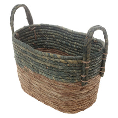 Handwoven Rectangular Green & Brown Basket with Dual Handles – Medium Natural Fiber Storage Organizer - Habitt