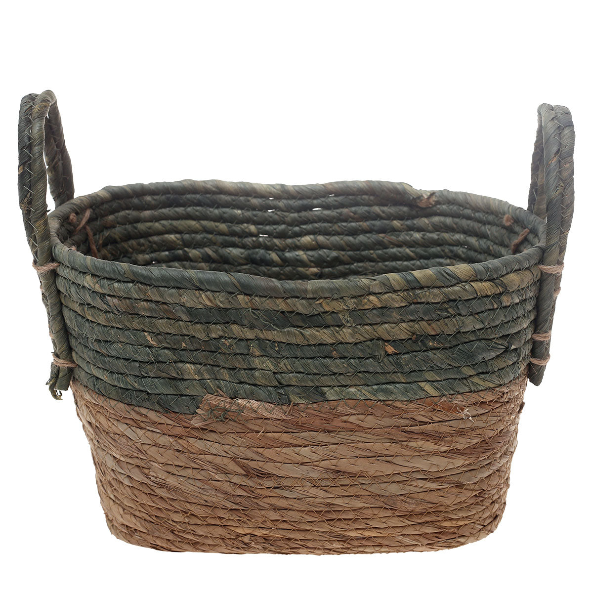 Handwoven Rectangular Green & Brown Basket with Dual Handles – Medium Natural Fiber Storage Organizer - Habitt