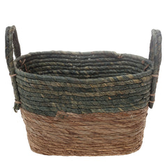 Handwoven Rectangular Green & Brown Basket with Dual Handles – Medium Natural Fiber Storage Organizer - Habitt