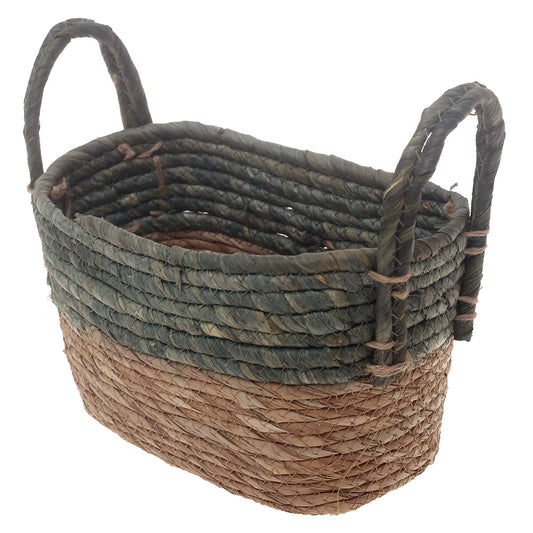 Handwoven Rectangular Green & Brown Basket with Dual Handles – Small Natural Fiber Storage Organizer - Habitt