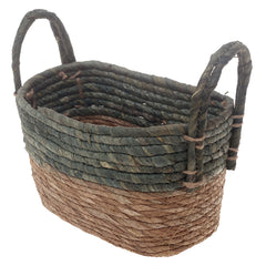 Handwoven Rectangular Green & Brown Basket with Dual Handles – Small Natural Fiber Storage Organizer - Habitt