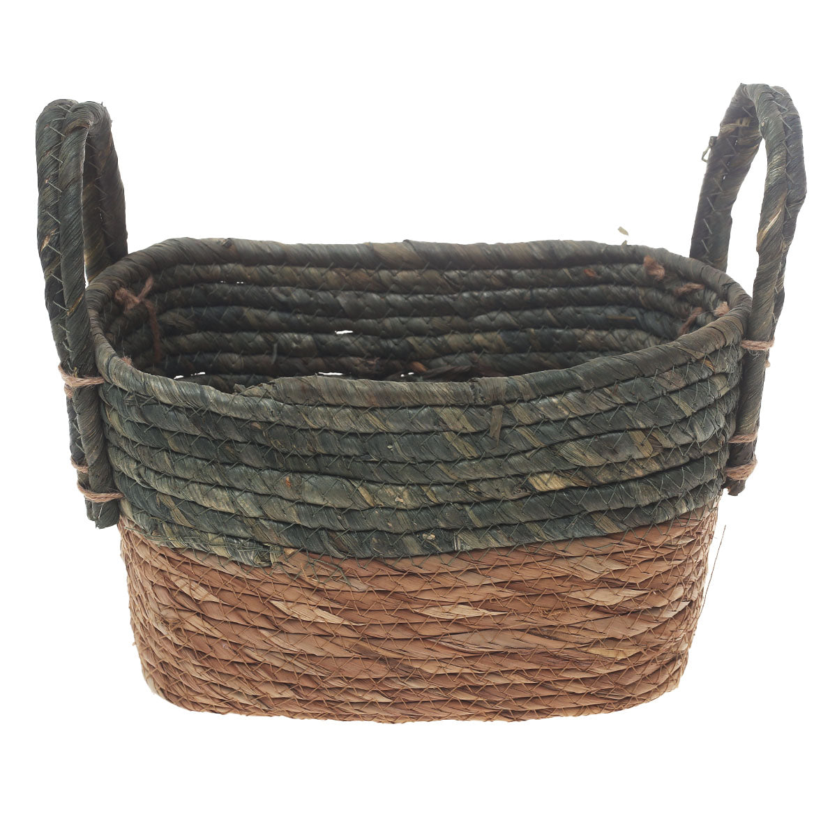 Handwoven Rectangular Green & Brown Basket with Dual Handles – Small Natural Fiber Storage Organizer - Habitt