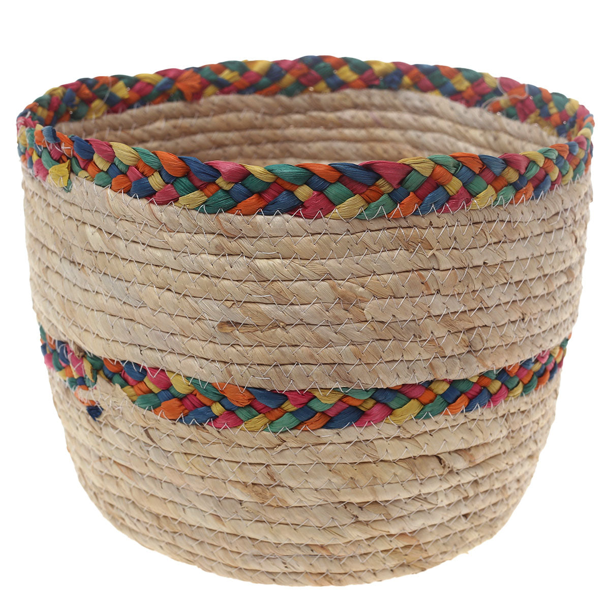 Handwoven Round White Basket with Multicolor Braided Rim – Large Natural Fiber Storage Organizer - Habitt