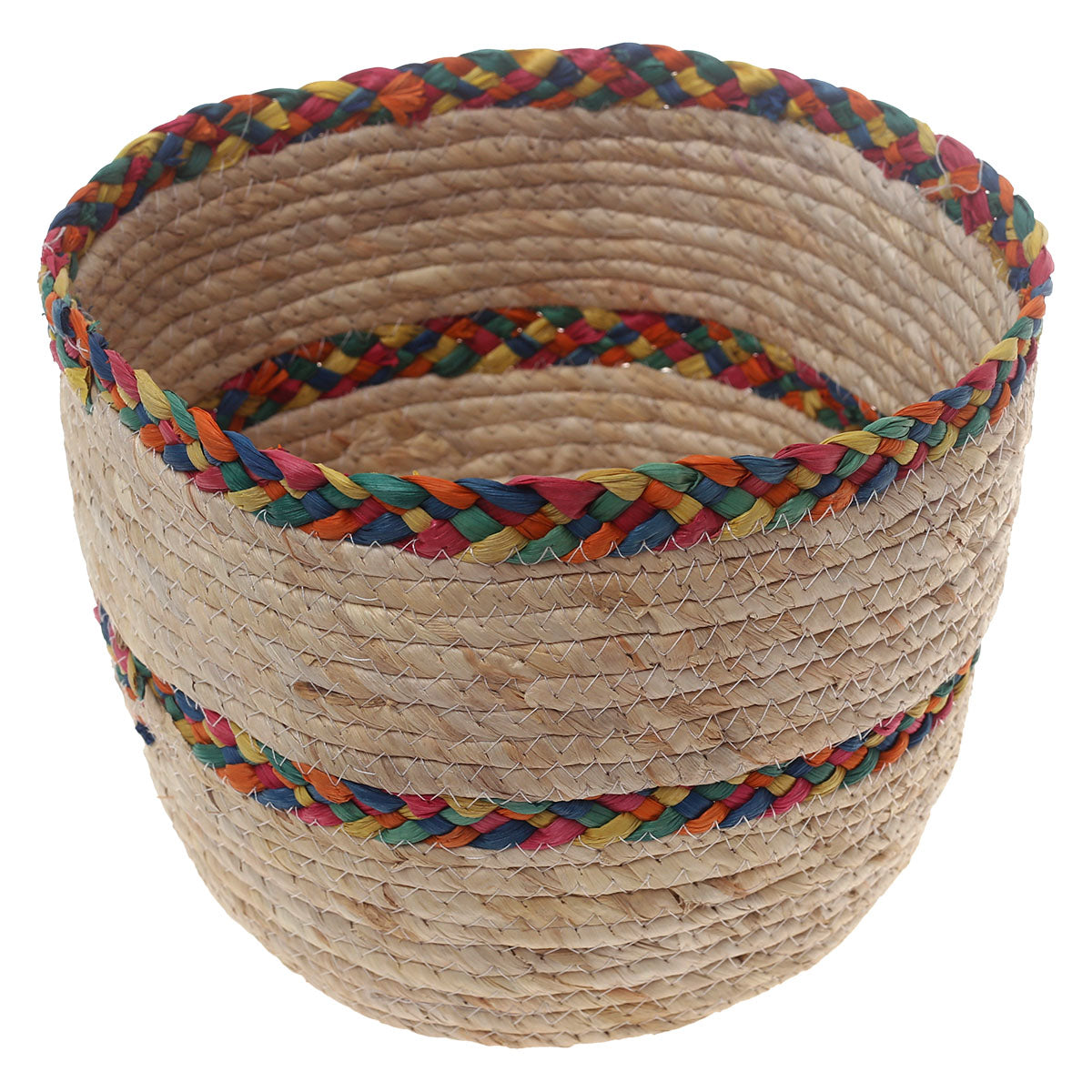 Handwoven Round White Basket with Multicolor Braided Rim – Large Natural Fiber Storage Organizer - Habitt