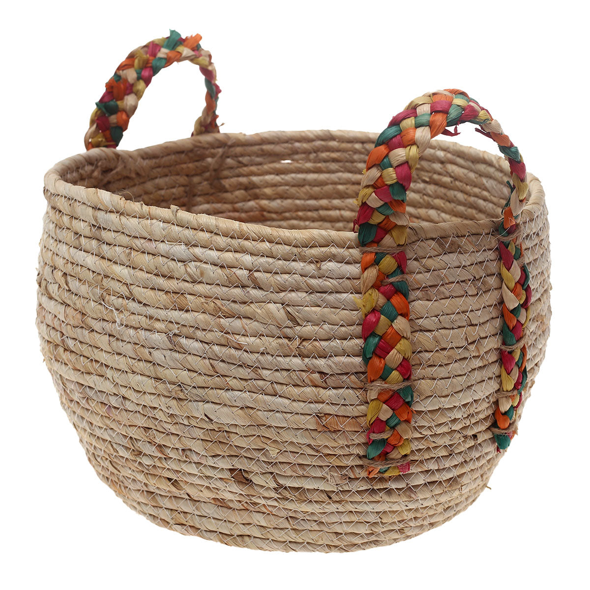 Handwoven Round White Basket with Multicolor Braided Handles – Large Natural Fiber Storage Organizer - Habitt