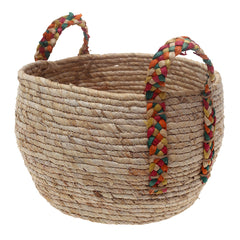Handwoven Round White Basket with Multicolor Braided Handles – Large Natural Fiber Storage Organizer - Habitt