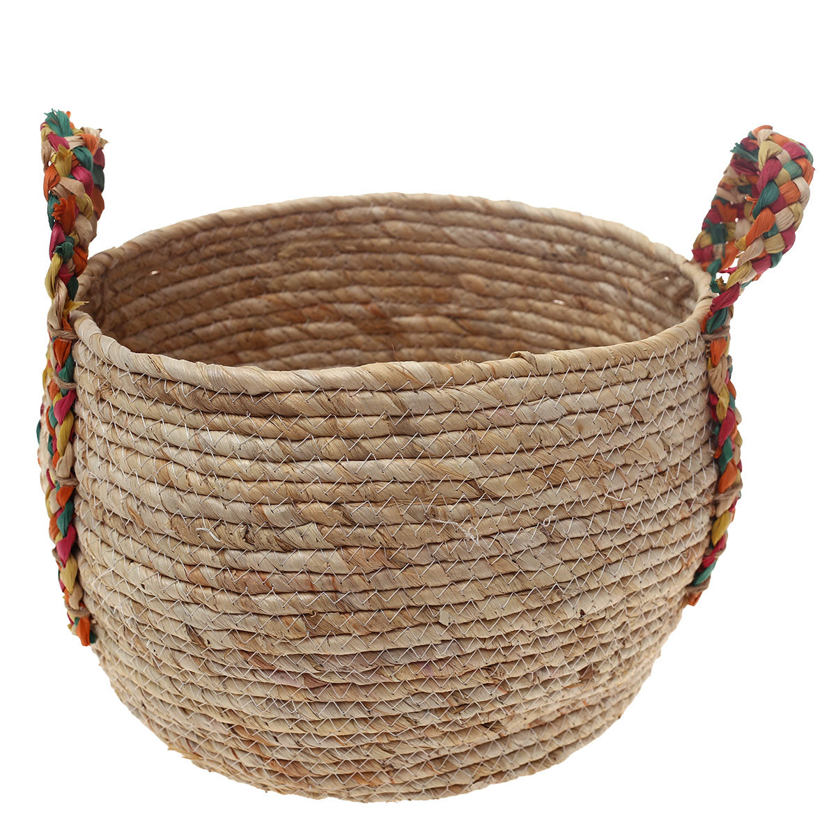 Handwoven Round White Basket with Multicolor Braided Handles – Large Natural Fiber Storage Organizer - Habitt
