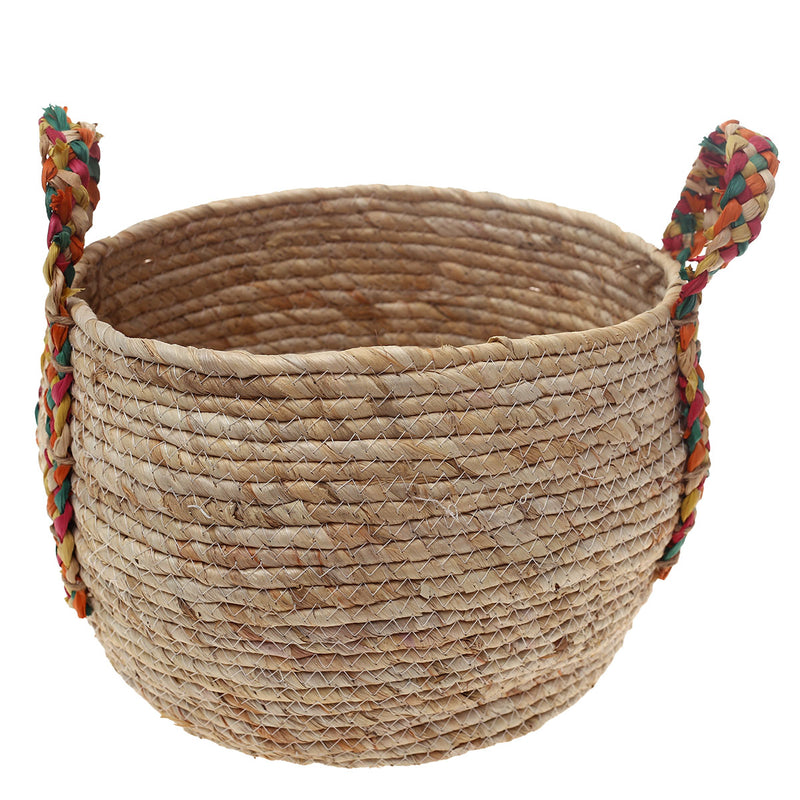 Handwoven Round White Basket with Multicolor Braided Handles – Large Natural Fiber Storage Organizer - Habitt
