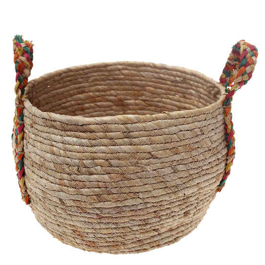 Handwoven Round White Basket with Multicolor Braided Handles – Large Natural Fiber Storage Organizer - Habitt