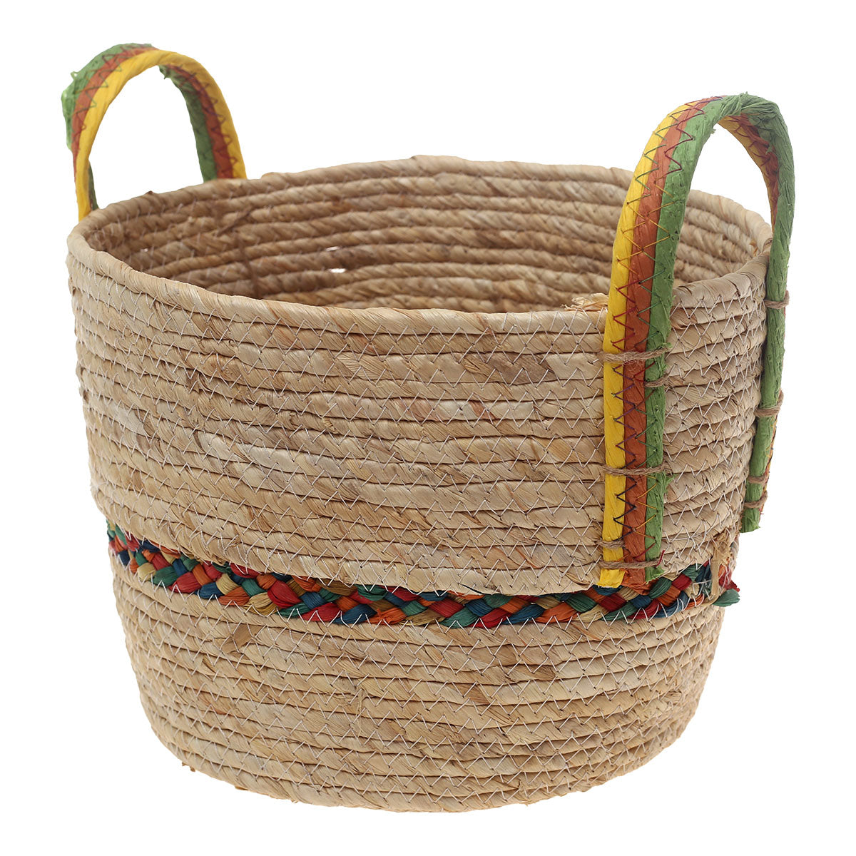 Handwoven Round White Basket with Multicolor Accent & Dual Handles – Large Natural Fiber Storage Organizer - Habitt