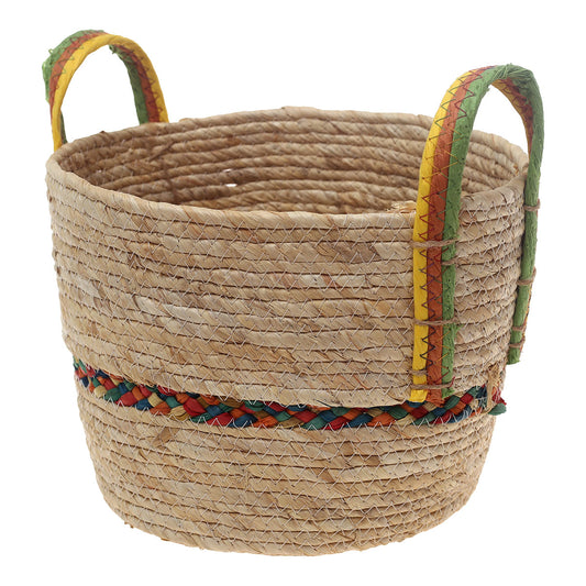 Handwoven Round White Basket with Multicolor Accent & Dual Handles – Large Natural Fiber Storage Organizer - Habitt