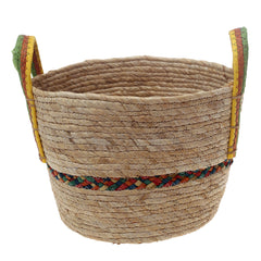 Handwoven Round White Basket with Multicolor Accent & Dual Handles – Large Natural Fiber Storage Organizer - Habitt