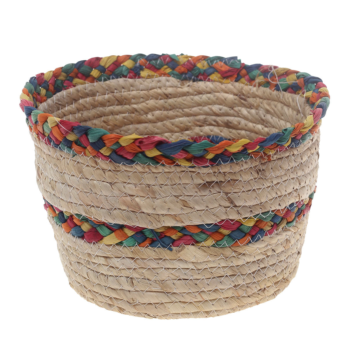 Handwoven Round White Basket with Multicolor Braided Rim – Medium Natural Fiber Storage Organizer - Habitt