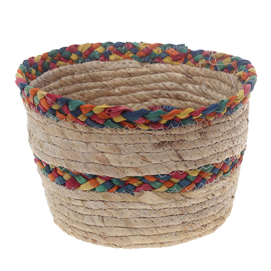 Handwoven Round White Basket with Multicolor Braided Rim – Medium Natural Fiber Storage Organizer - Habitt