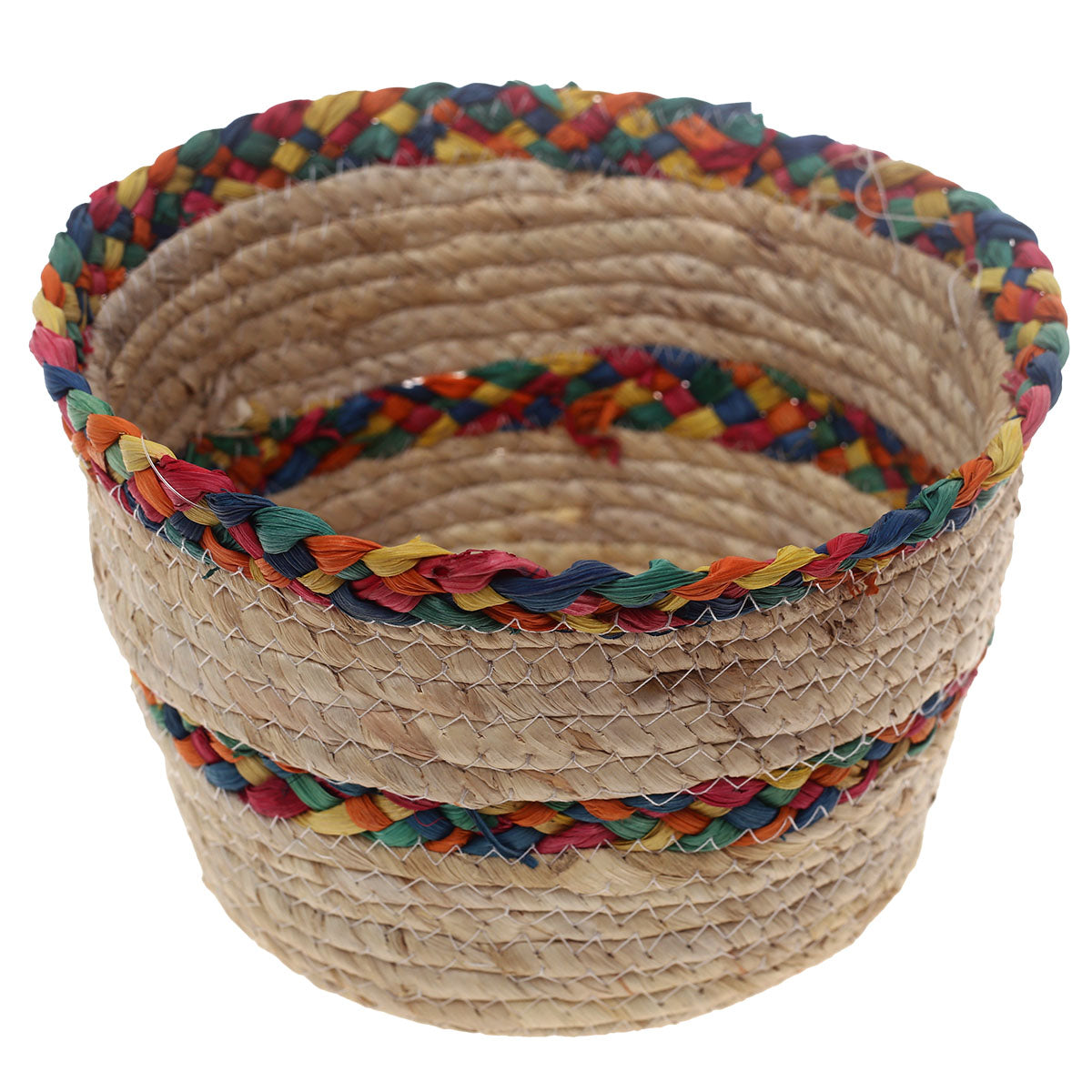 Handwoven Round White Basket with Multicolor Braided Rim – Medium Natural Fiber Storage Organizer - Habitt