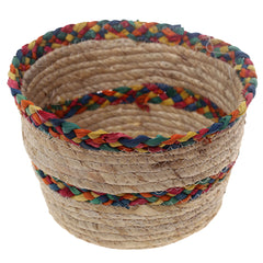 Handwoven Round White Basket with Multicolor Braided Rim – Medium Natural Fiber Storage Organizer - Habitt