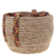 Handwoven Round White Basket with Multicolor Braided Handles – Medium Natural Fiber Storage Organizer - Habitt