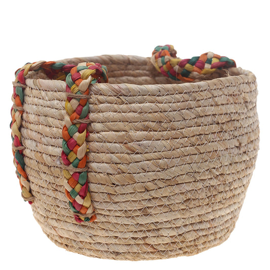 Handwoven Round White Basket with Multicolor Braided Handles – Medium Natural Fiber Storage Organizer - Habitt