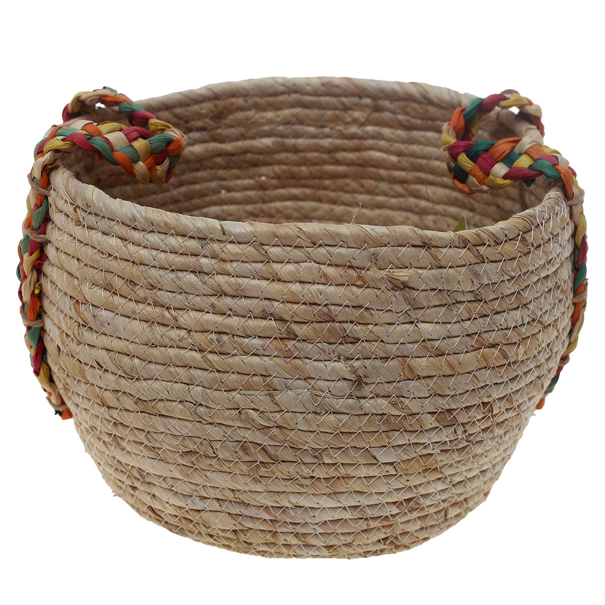Handwoven Round White Basket with Multicolor Braided Handles – Medium Natural Fiber Storage Organizer - Habitt