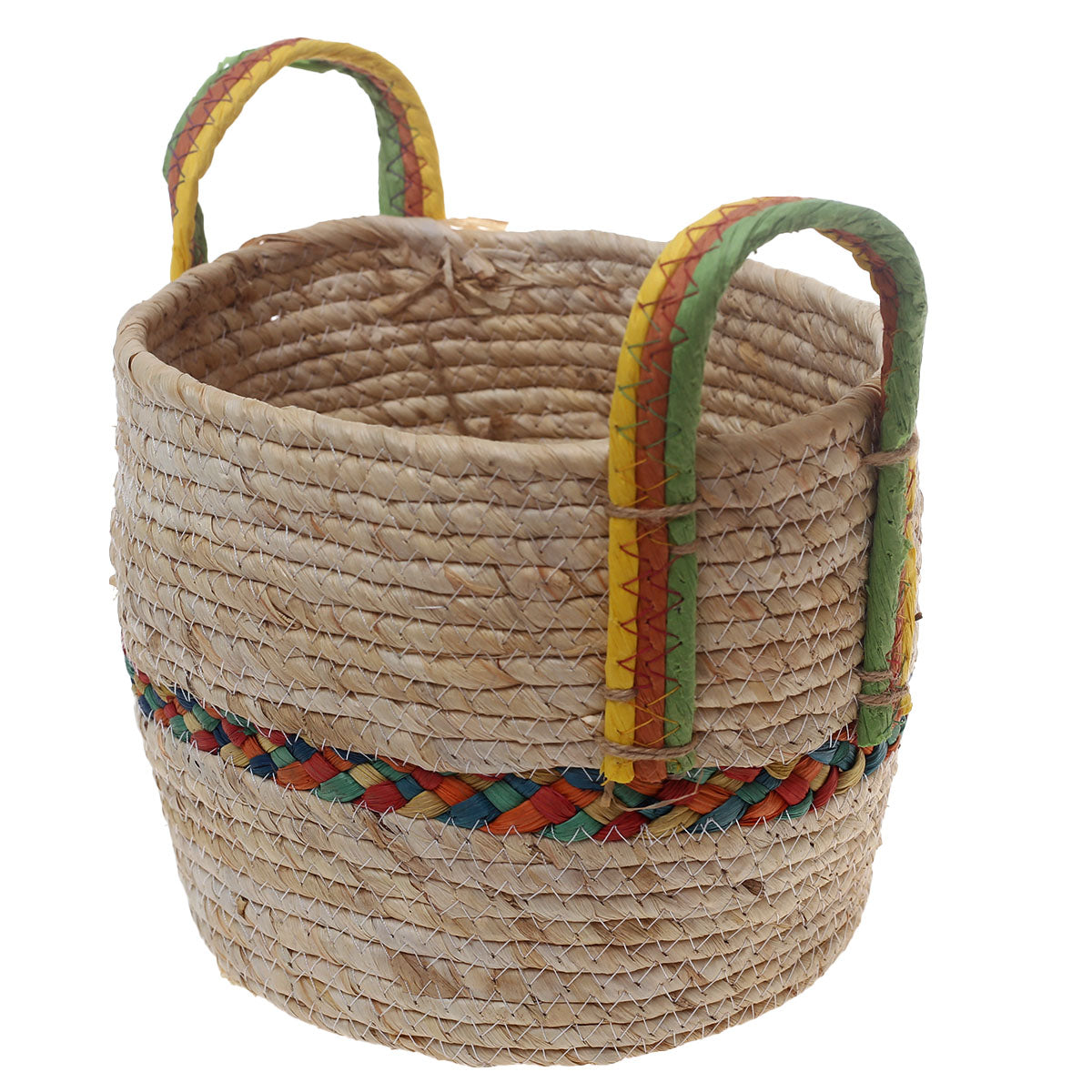Handwoven Round White Basket with Multicolor Accent & Dual Handles – Medium Natural Fiber Storage Organizer - Habitt