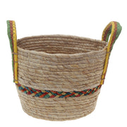 Handwoven Round White Basket with Multicolor Accent & Dual Handles – Medium Natural Fiber Storage Organizer - Habitt