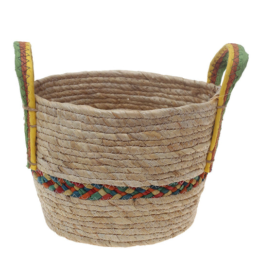 Handwoven Round White Basket with Multicolor Accent & Dual Handles – Medium Natural Fiber Storage Organizer - Habitt