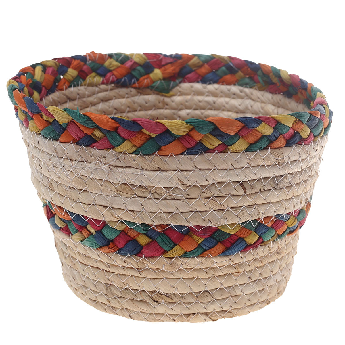 Handwoven Round White Basket with Multicolor Braided Rim – Small Natural Fiber Storage Organizer - Habitt