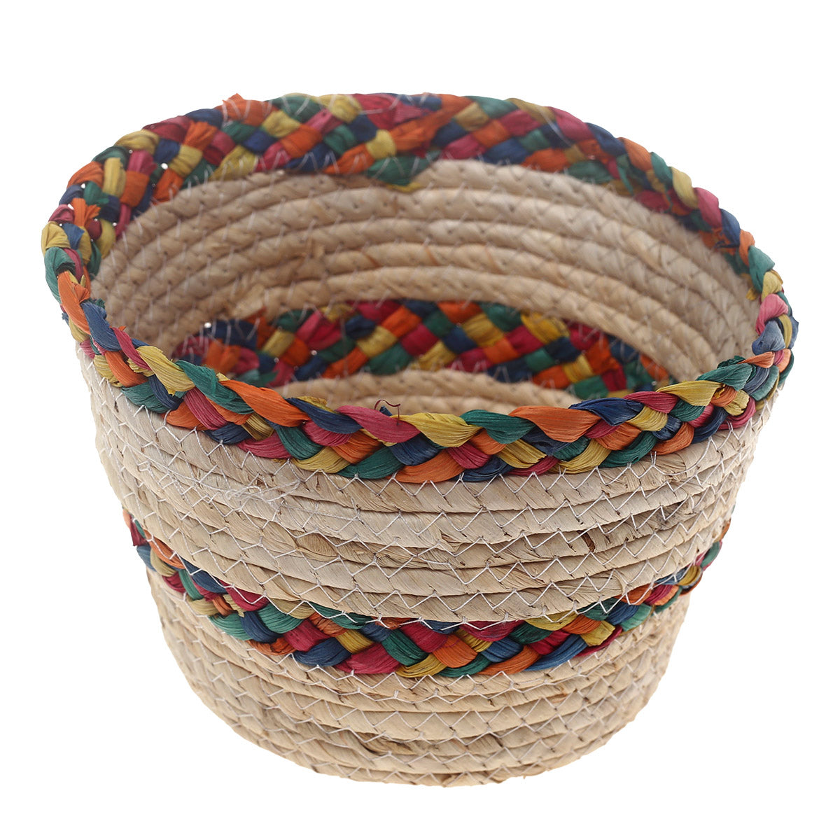 Handwoven Round White Basket with Multicolor Braided Rim – Small Natural Fiber Storage Organizer - Habitt
