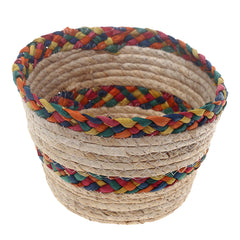 Handwoven Round White Basket with Multicolor Braided Rim – Small Natural Fiber Storage Organizer - Habitt