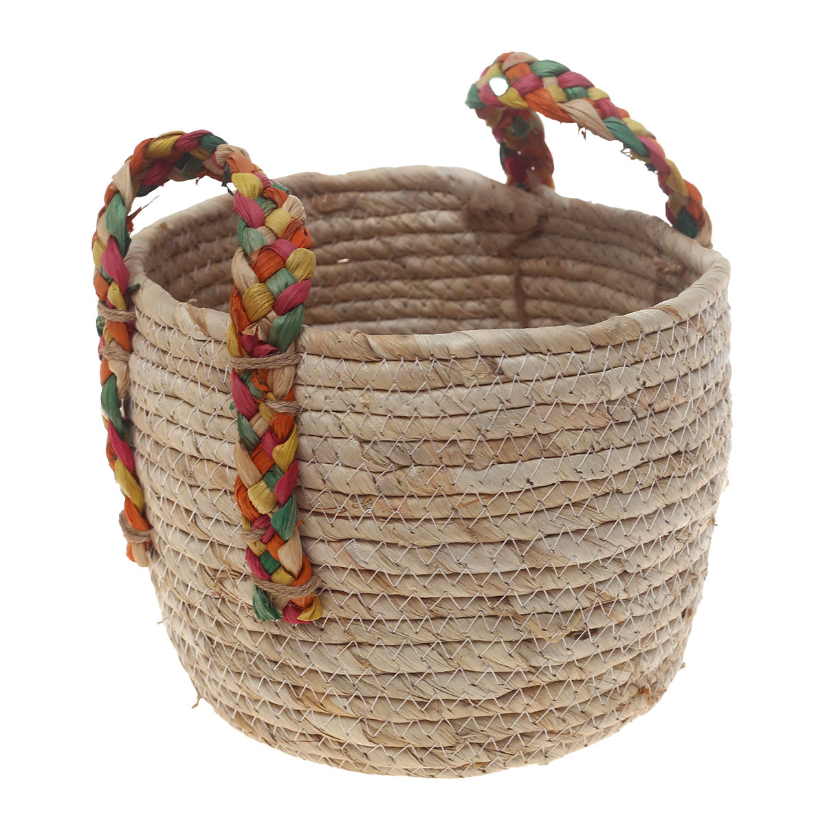 Handwoven Round White Basket with Multicolor Braided Handles – Small Natural Fiber Storage Organizer - Habitt