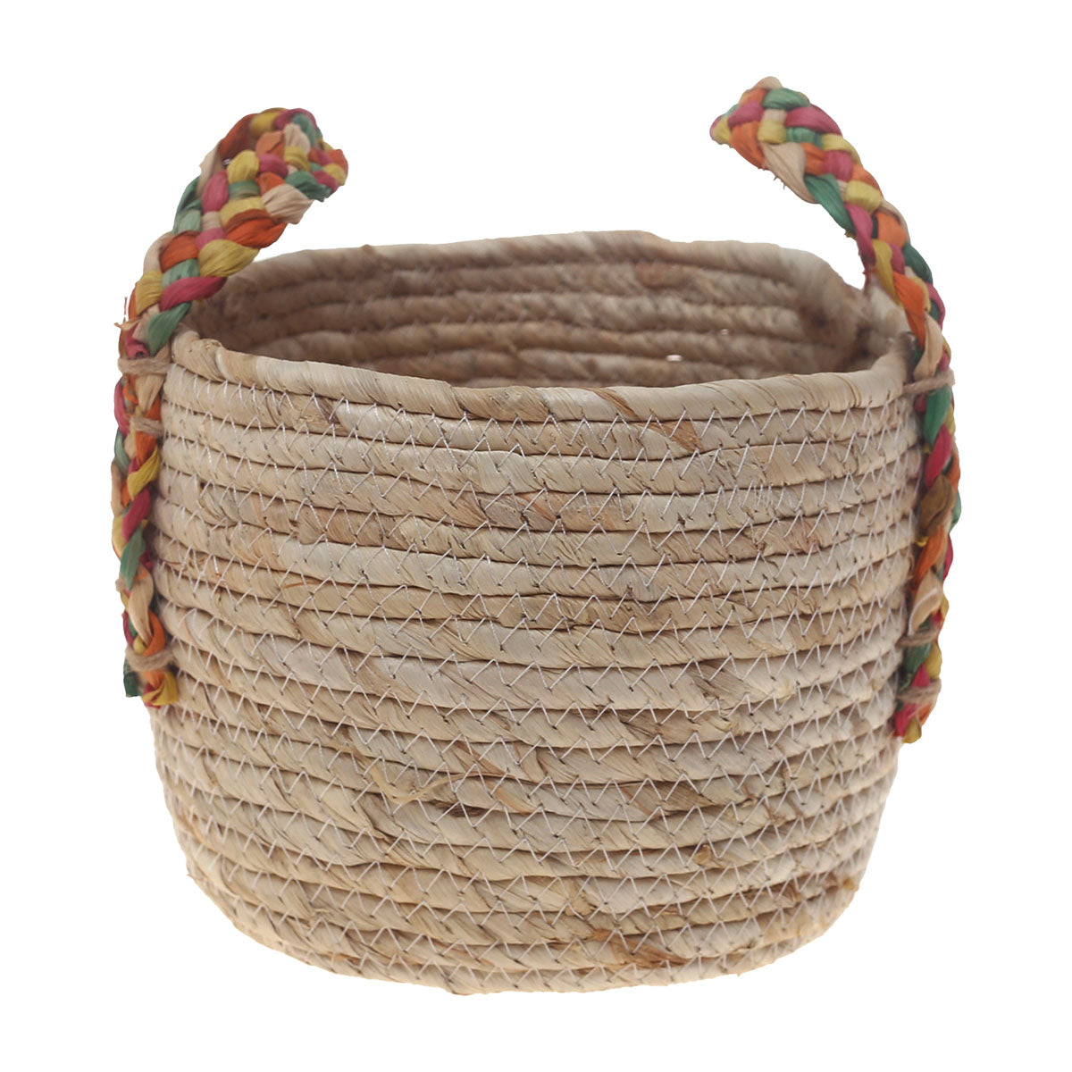 Handwoven Round White Basket with Multicolor Braided Handles – Small Natural Fiber Storage Organizer - Habitt