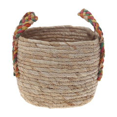 Handwoven Round White Basket with Multicolor Braided Handles – Small Natural Fiber Storage Organizer - Habitt