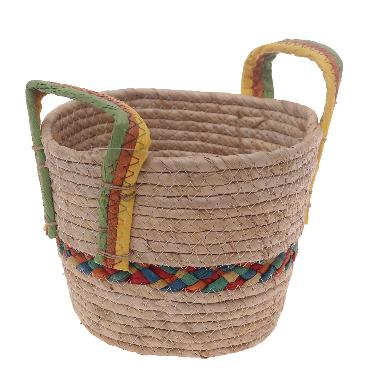 Handwoven Round Storage Basket with Multicolor Accent & Dual Handles – Small White Natural Fiber Organizer - Habitt