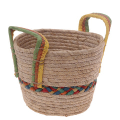 Handwoven Round Storage Basket with Multicolor Accent & Dual Handles – Small White Natural Fiber Organizer - Habitt