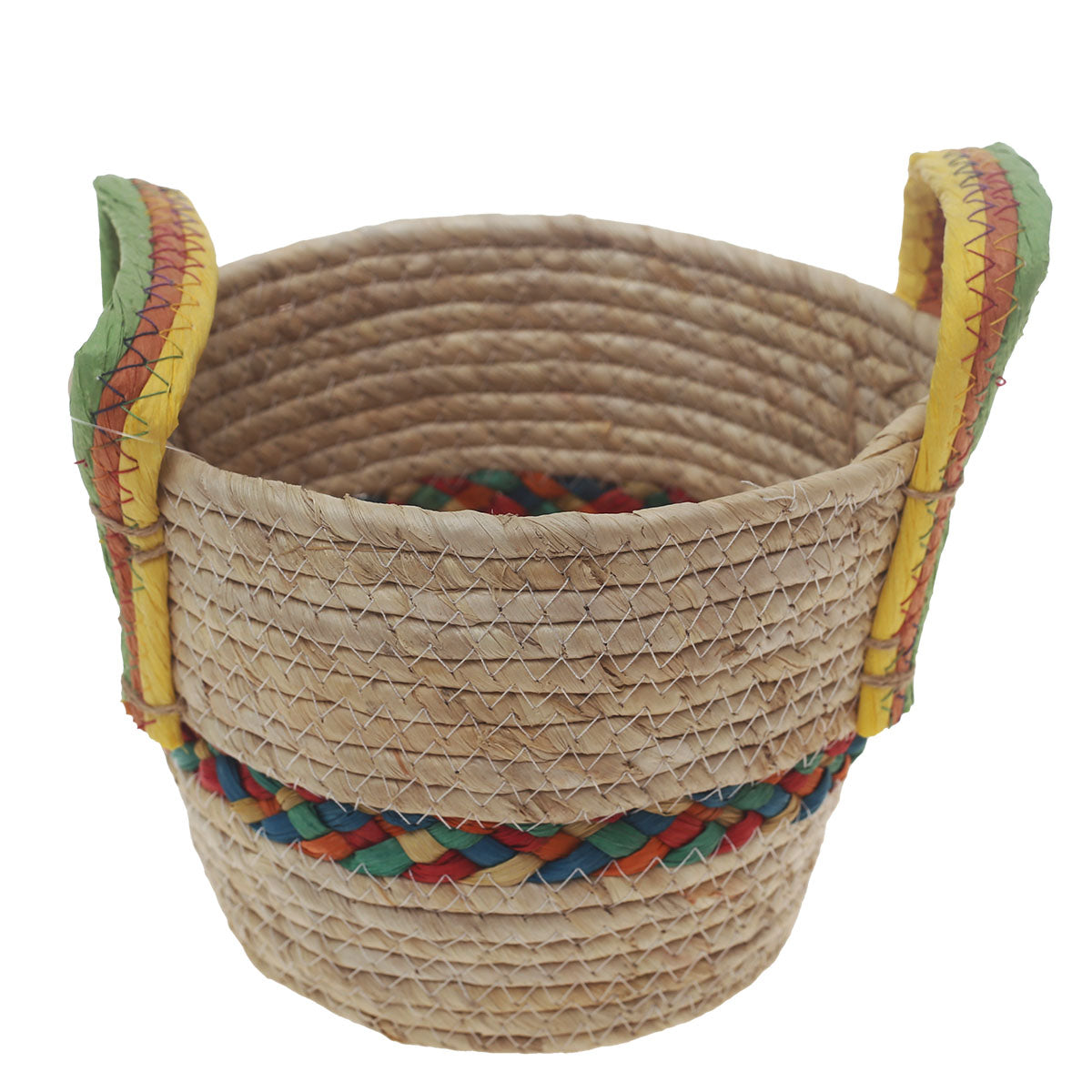 Handwoven Round Storage Basket with Multicolor Accent & Dual Handles – Small White Natural Fiber Organizer - Habitt