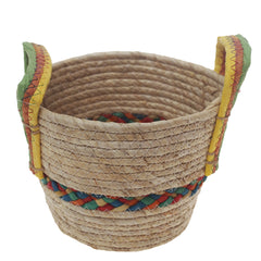 Handwoven Round Storage Basket with Multicolor Accent & Dual Handles – Small White Natural Fiber Organizer - Habitt