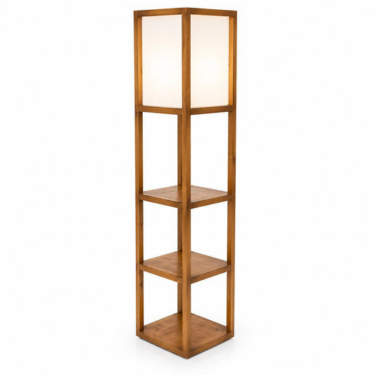Breeze Wooden Floor Lamp with Shelves – Tall Brown Display Shelf Lamp