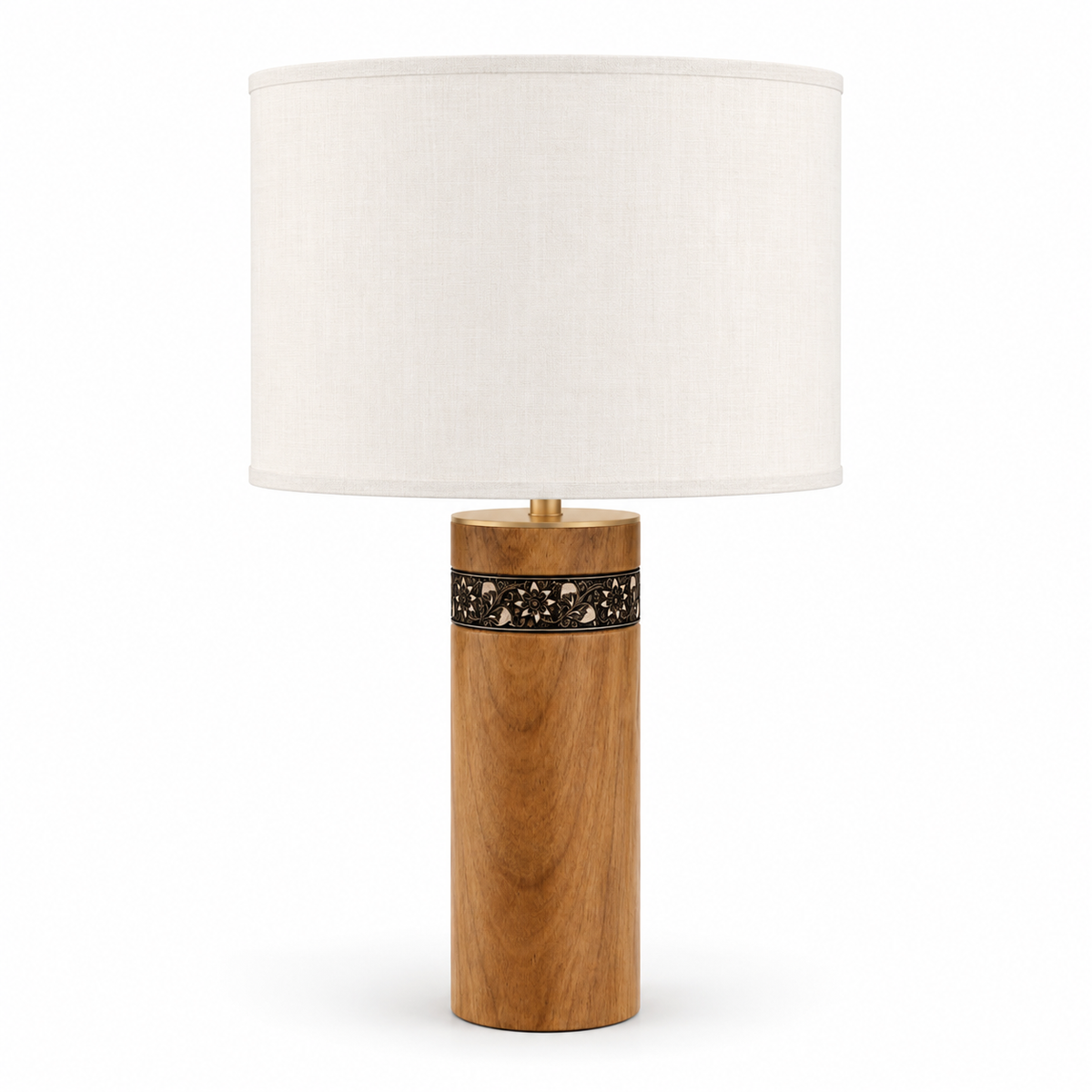 Wooden Accent Table Lamp in Brown & Black with White Fabric Shade