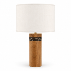 Wooden Accent Table Lamp in Brown & Black with White Fabric Shade