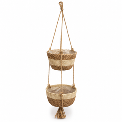 2-Tier Natural Woven Hanging Planter – 10 x 39 Inch Decorative Plant Basket