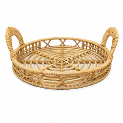 Breeze Organic Rattan Basket Tray – Round Woven Decorative Serving Tray