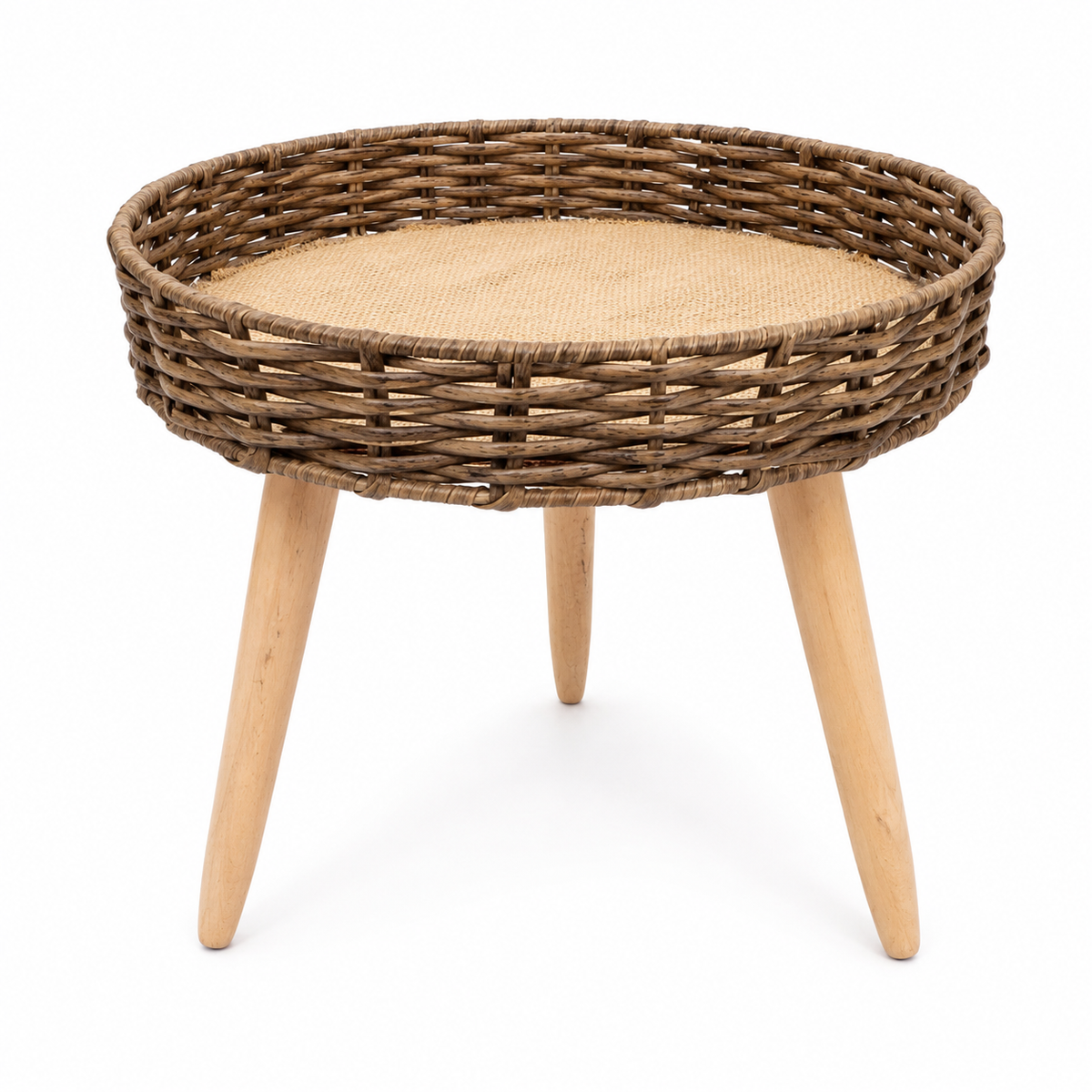 Large Brown Woven Side Table with Wooden Legs – 13 Inch Round Accent Table