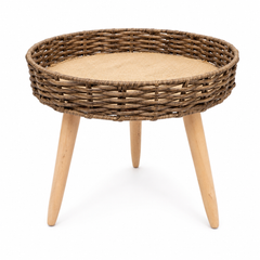 Large Brown Woven Side Table with Wooden Legs – 13 Inch Round Accent Table