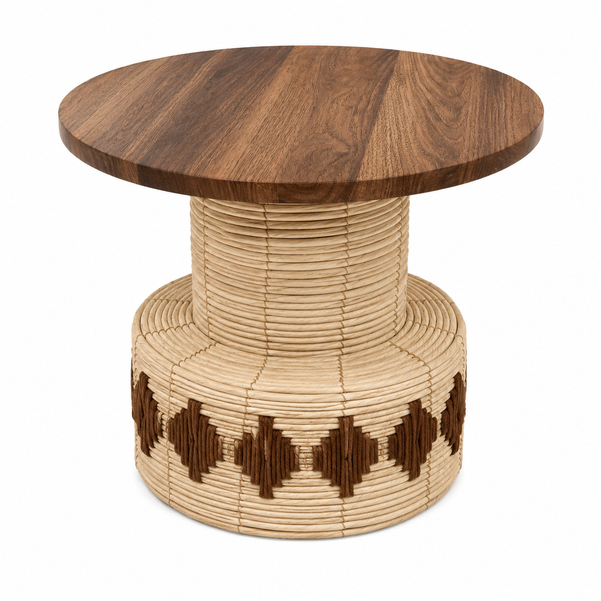 Large Natural Woven Side Table with Wooden Top – 19 x 19 x 20.5 Inch