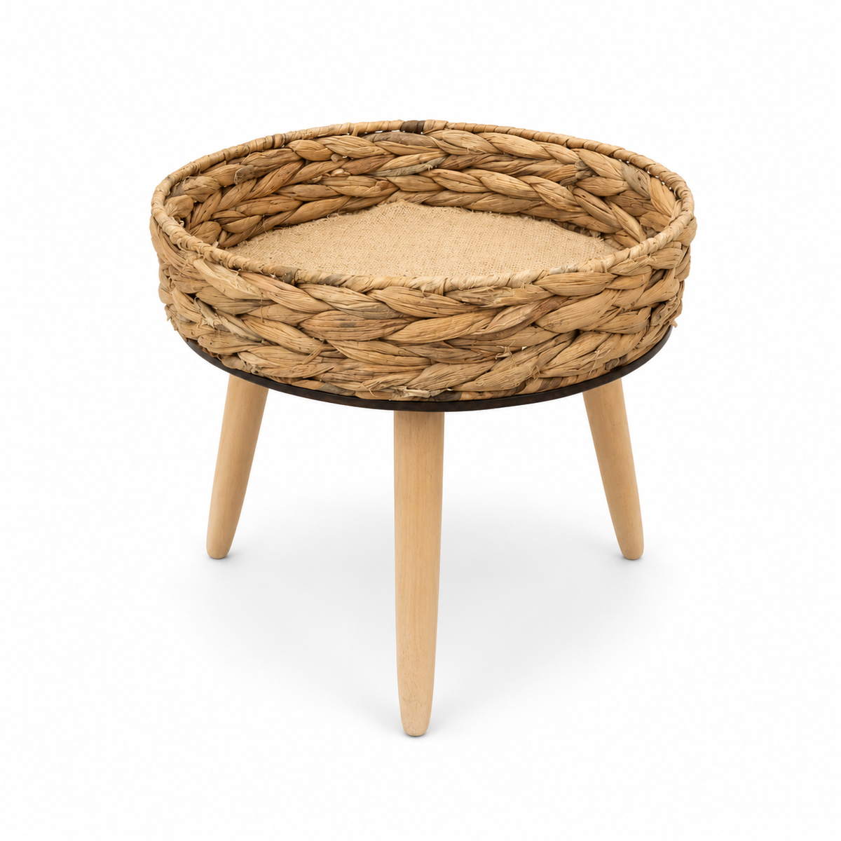 Small Natural Woven Side Table with Wooden Legs – 12 Inch Round Accent Table