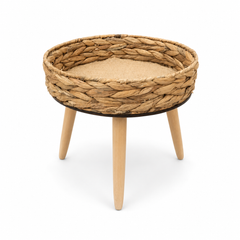 Small Natural Woven Side Table with Wooden Legs – 12 Inch Round Accent Table