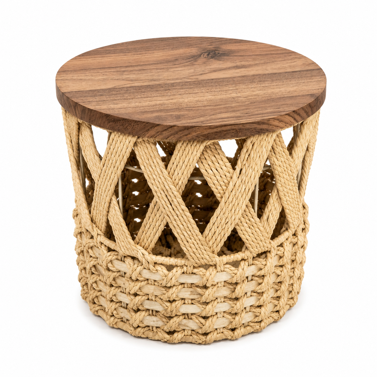 Small Natural Woven Side Table with Wooden Top – 12 x 12 x 13 Inch