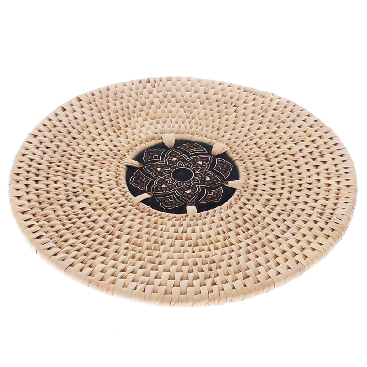 Handwoven Hot Plate Mat – Black & Gold Mandala Design Trivet (12 in, UC-B-35)