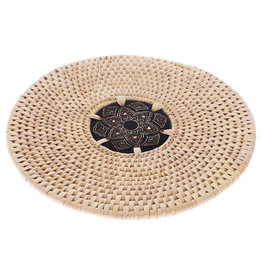 Handwoven Hot Plate Mat – Black & Gold Mandala Design Trivet (12 in, UC-B-35)